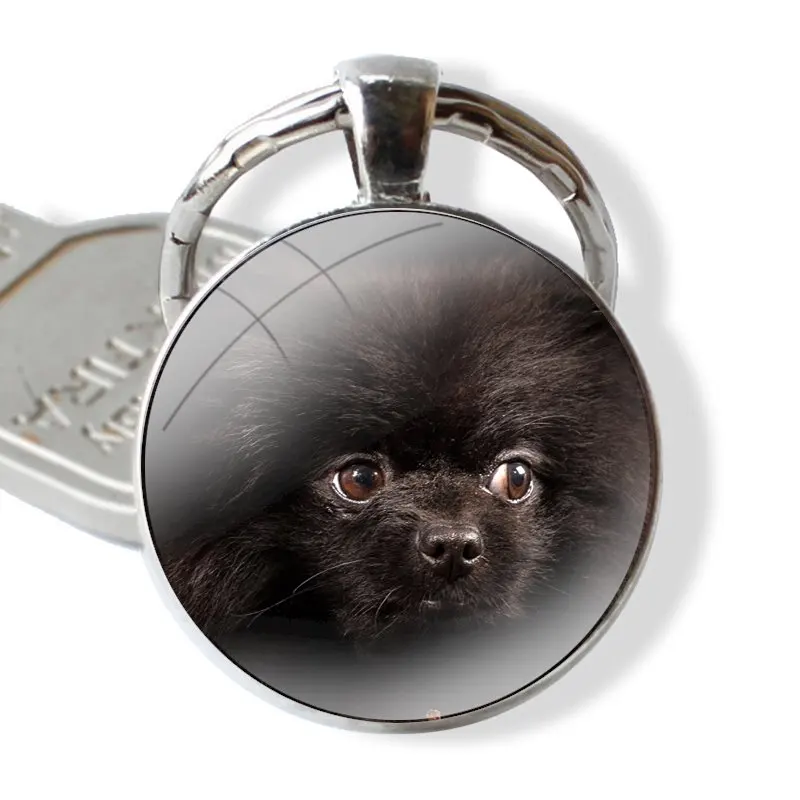 Pomeranian dog Cartoon Creative Design Fashion Keychain Handmade Glass Cabochon Key Ring Holder Pendant Key Chains