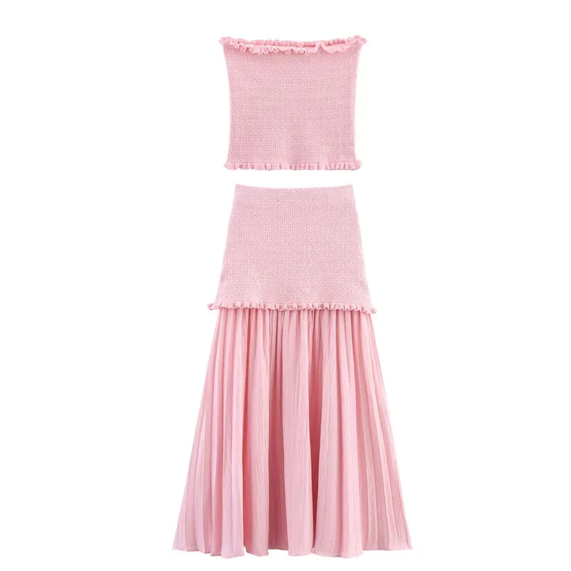 Summer Sexy Chic Women's Commuter Suit Sleeveless Knitted Tube Top Long Straight Skirt Fashionable Tight Ensemble for Ladies
