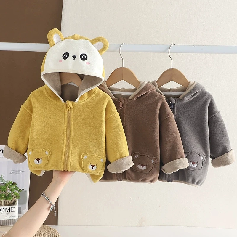 Kids Winter Polar Fleece Hooded Jacket Cute Cartoon Bear Patch Zipper Coat 0-5 Years Boys Girls Thick Warm Casual Outerwear