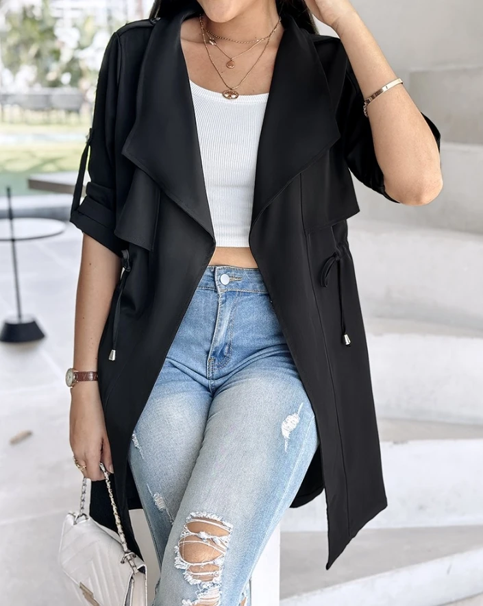 

Women's Solid Color Cardigan 2024 Summer Late Casual Roll Tab Sleeve Drawstring Trench Coat Turn Down Collar Button Open Front