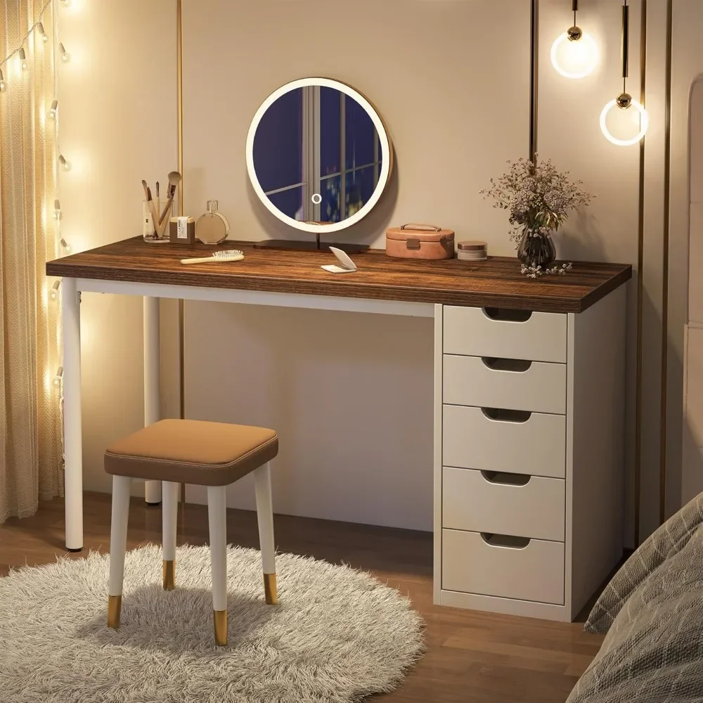 School Desks.Computer Desk with 5 Drawers, 47 inches Rustic Brown Home Office Desk with Storage, Modern Simple Laptop Desk