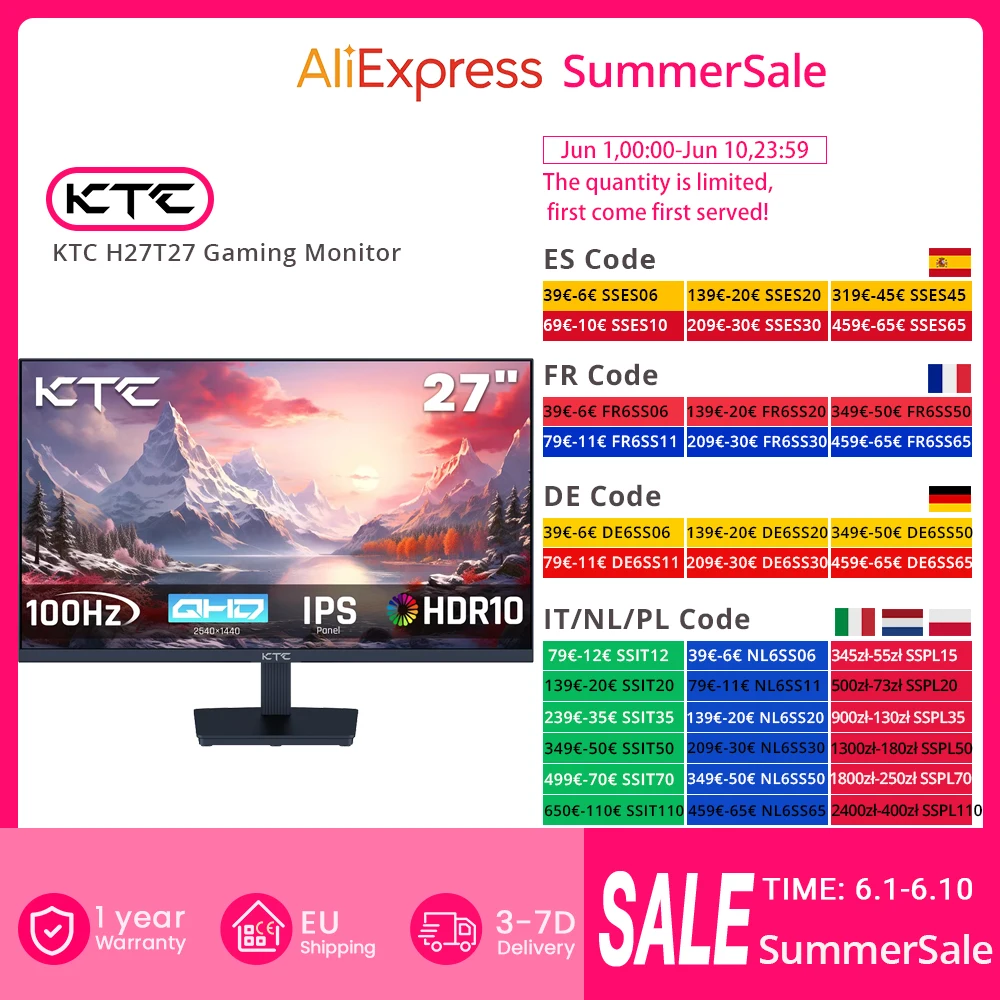 Monitor do gier KTC H27T27, ekran IPS 27 cali 2560x1440, częstotliwość odświeżania 100 Hz, czas reakcji HDR10 1 ms, niski poziom niebieskiego światła i brak migotania