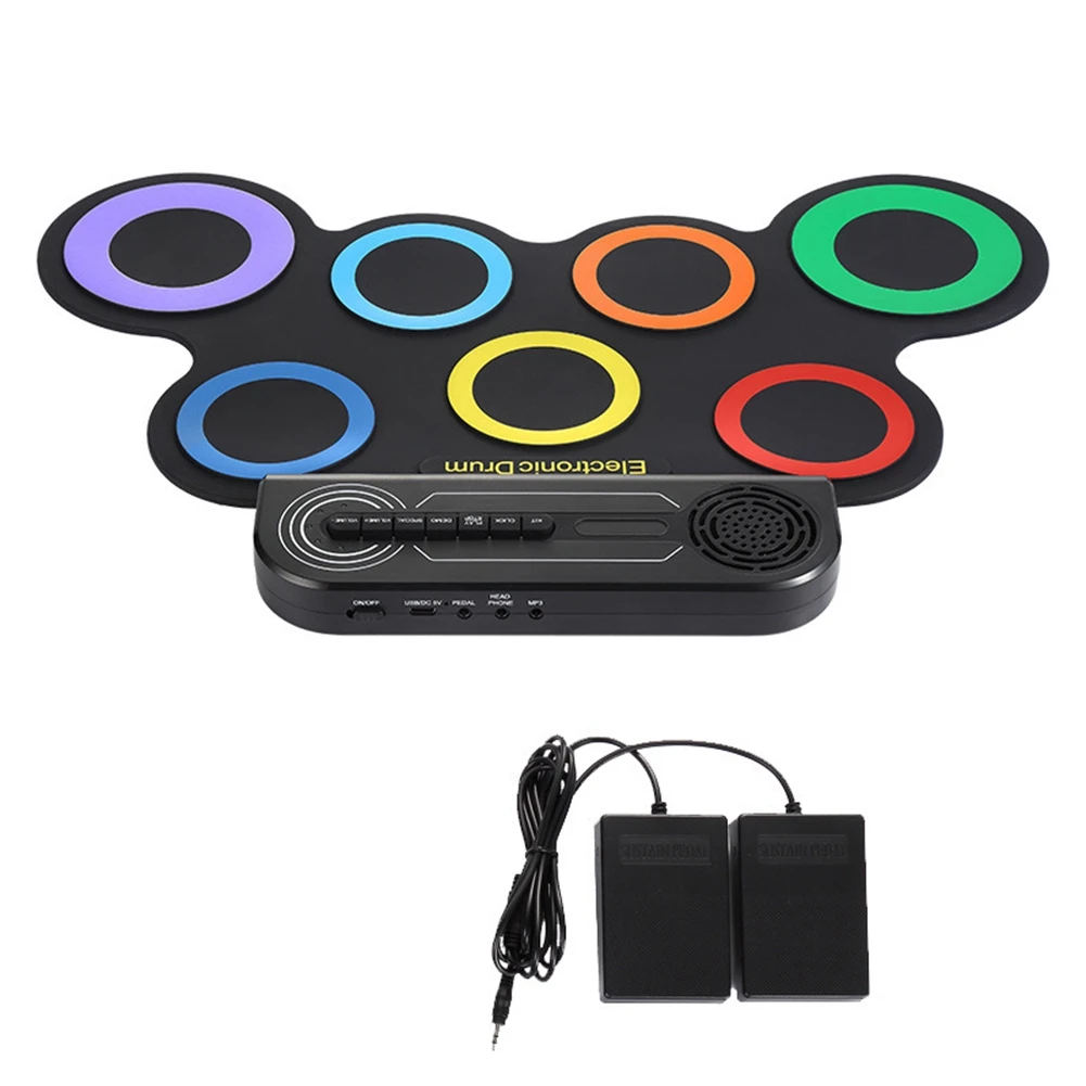 مجموعة أدوات الطبول الكهربائية FFYY، مكبر صوت مدمج، آلة طبلة قابلة للطي للأطفال مع دواسات قدم، أعواد طبلة متعددة الألوان والأسود