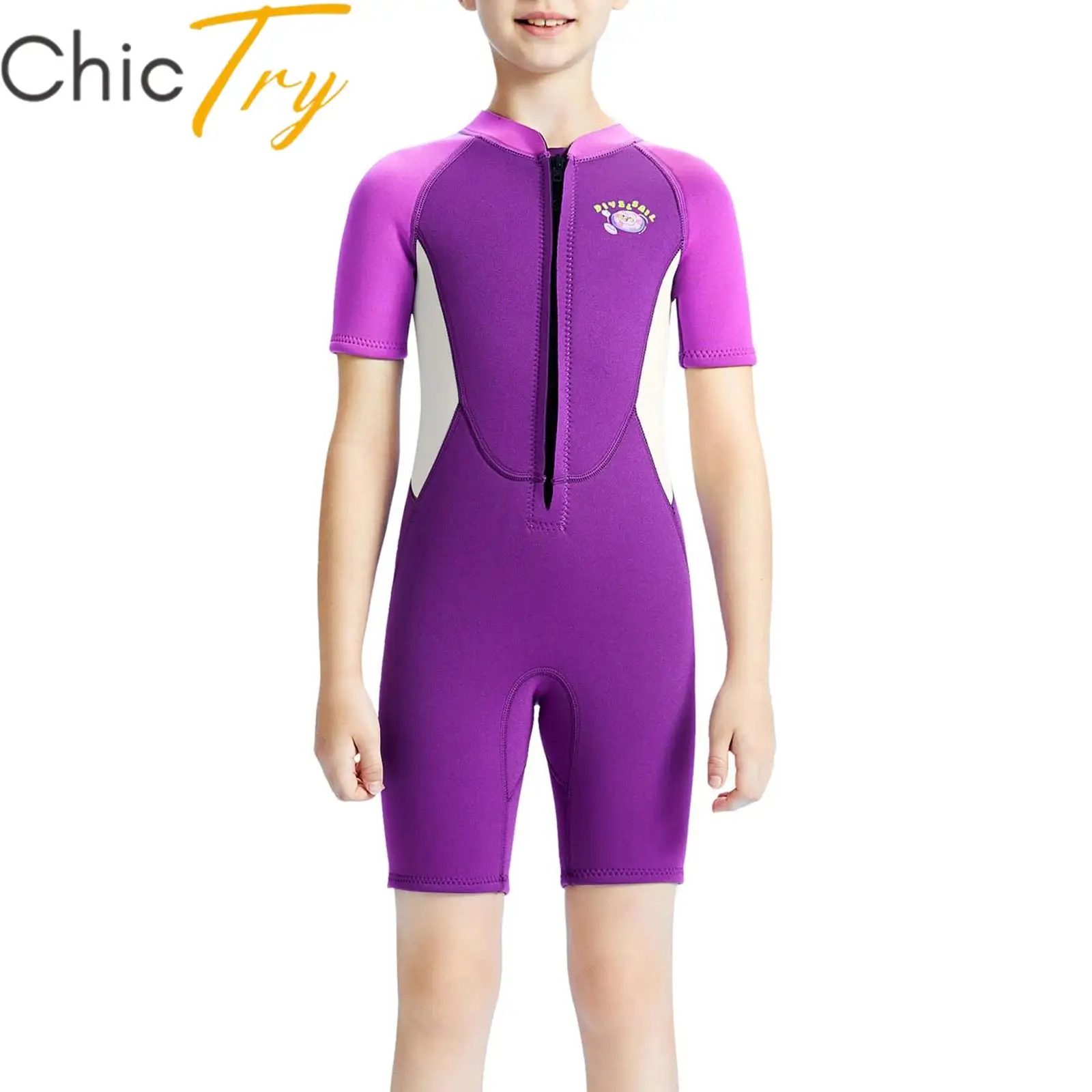 

Kids Girls Rash Guard 2.5mm Neoprene Thermal Wet Suit Swimwear Jumpsuit Front Zipper Swim Bodysuit for Surfing Diving Snorkeling