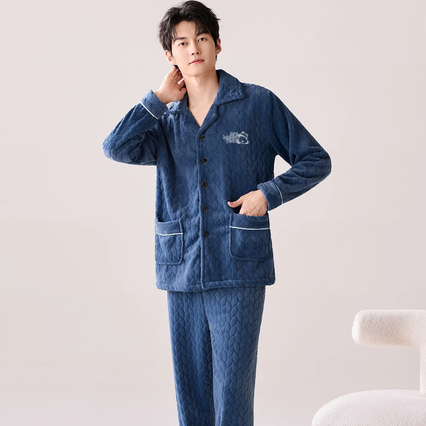 

Мужские осенне-зимние плотные фланелевые пижамные комплекты с длинным рукавом, модный стиль, однотонные теплые плюшевые пижамы, кардиган на пуговицах, пижамы