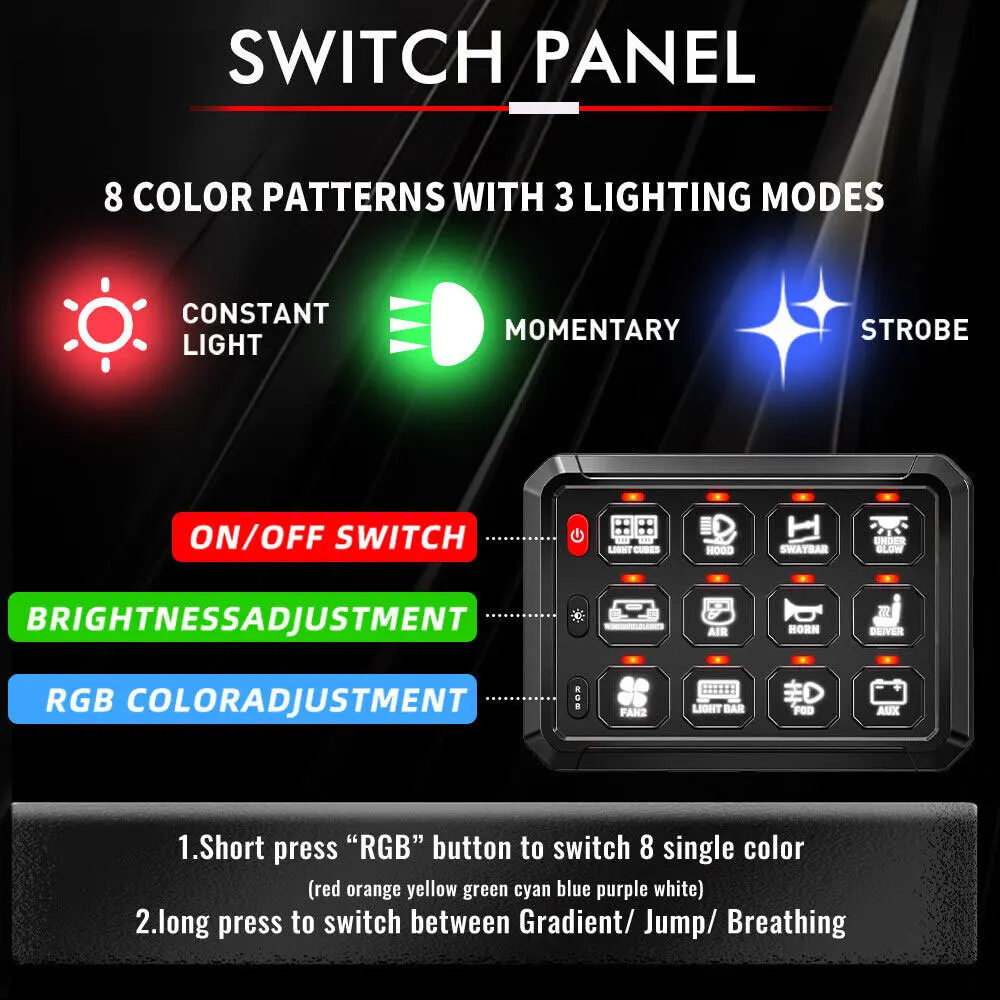 Universal 12/8 Gang Switch Panel RGB Led Work Light DIY Bar Switches Box Controller for Universal Cars Truck Boat UTV 4X4 4WD