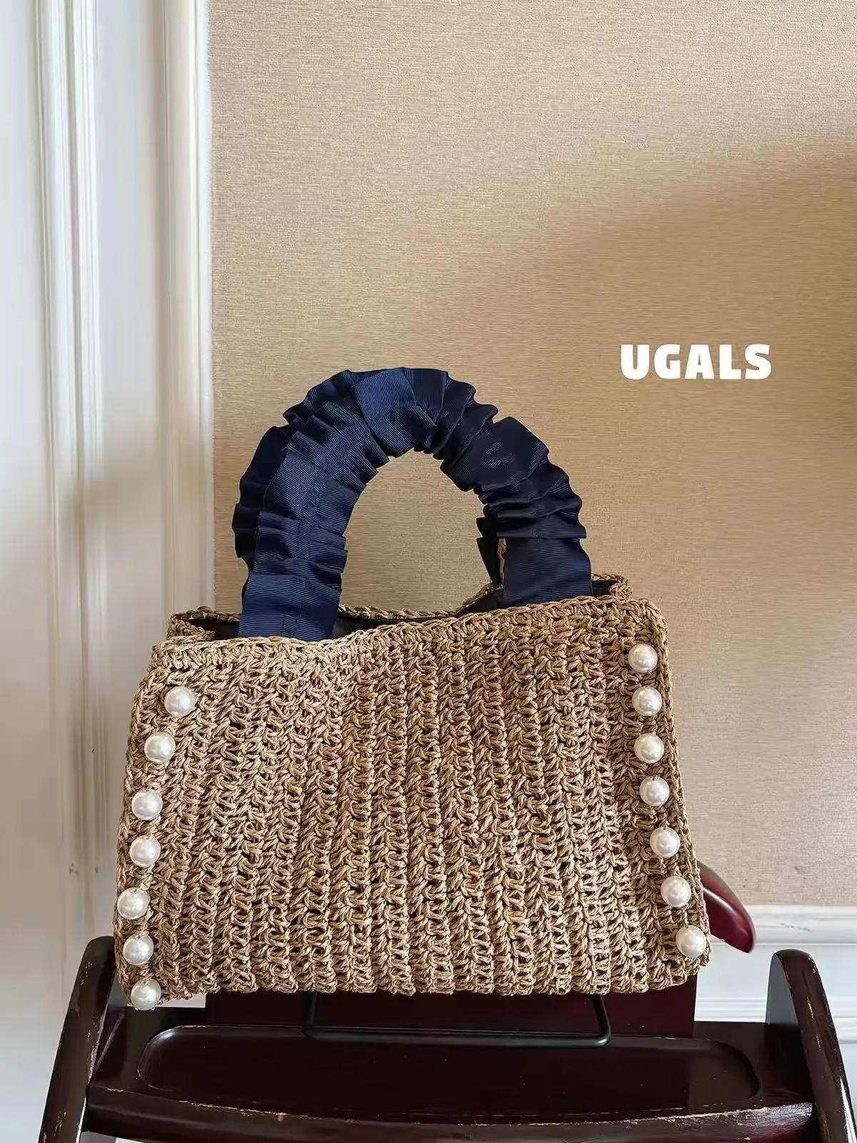 Fashion Pearl Beaded Casual Tote Bag Large Capacity Straw Woven Handmade Women Handbag Holiday Vacation Beach Bag Travel Bag