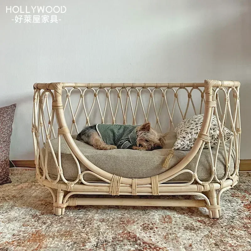 Pet bed hand-woven rattan pet bed dog sofa chair cat princess nest four seasons universal removable Dog Beds for Medium Dogs