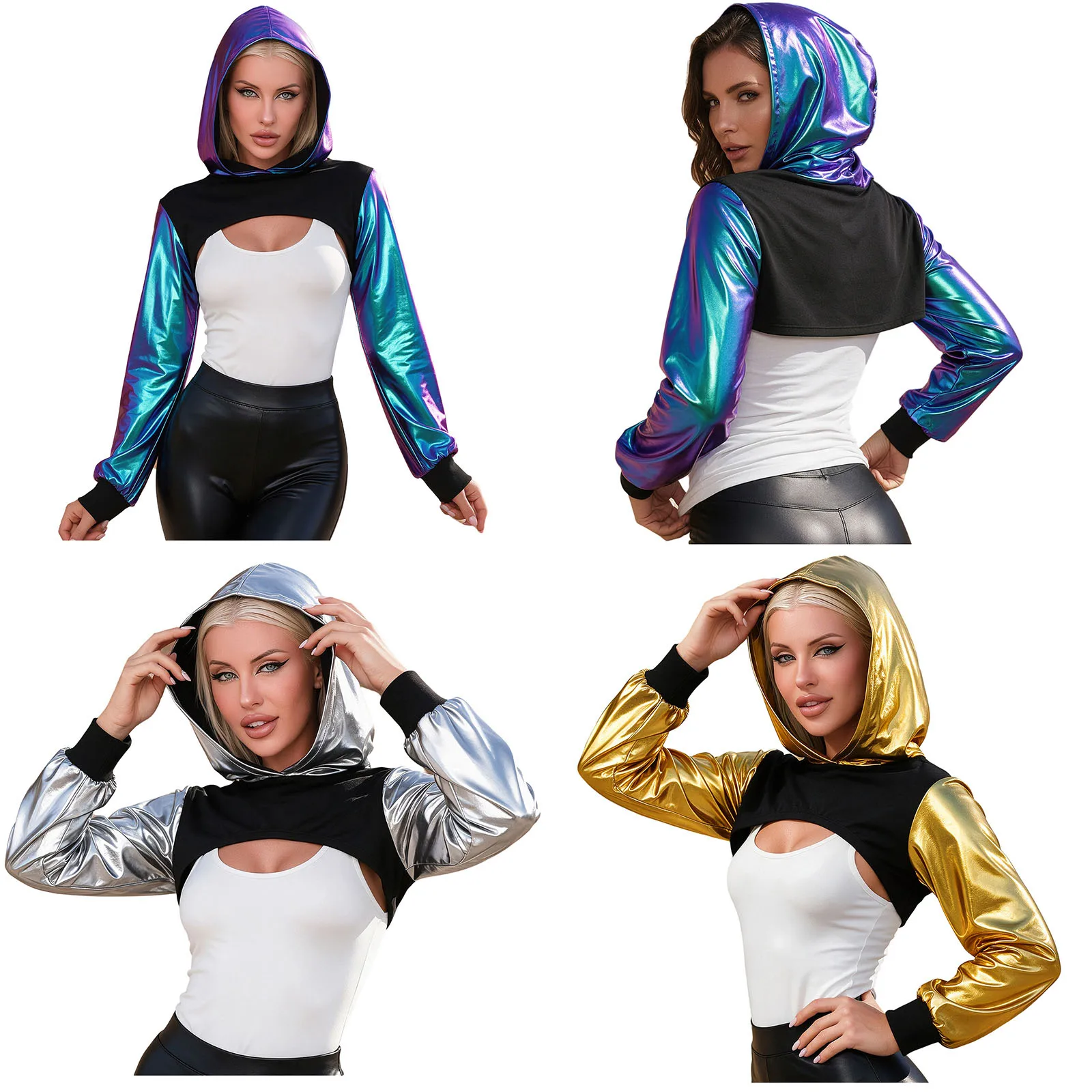 Ladies Color Block Metallic Hood Crop Top Long Sleeve Rib Cuff Cutout Hoodie  Bolero Jacket Club Party Street Performance Outfit