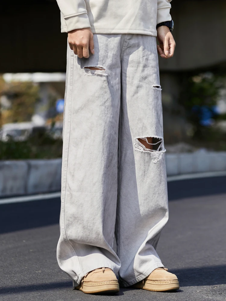 Celana Jeans Pria Model Retro Amerika, Potongan Lurus Longgar, Musim Panas & Semi, Trendi, Gaya High Street, Tie Dye, Distressed, Kasual, Kaki Lebar