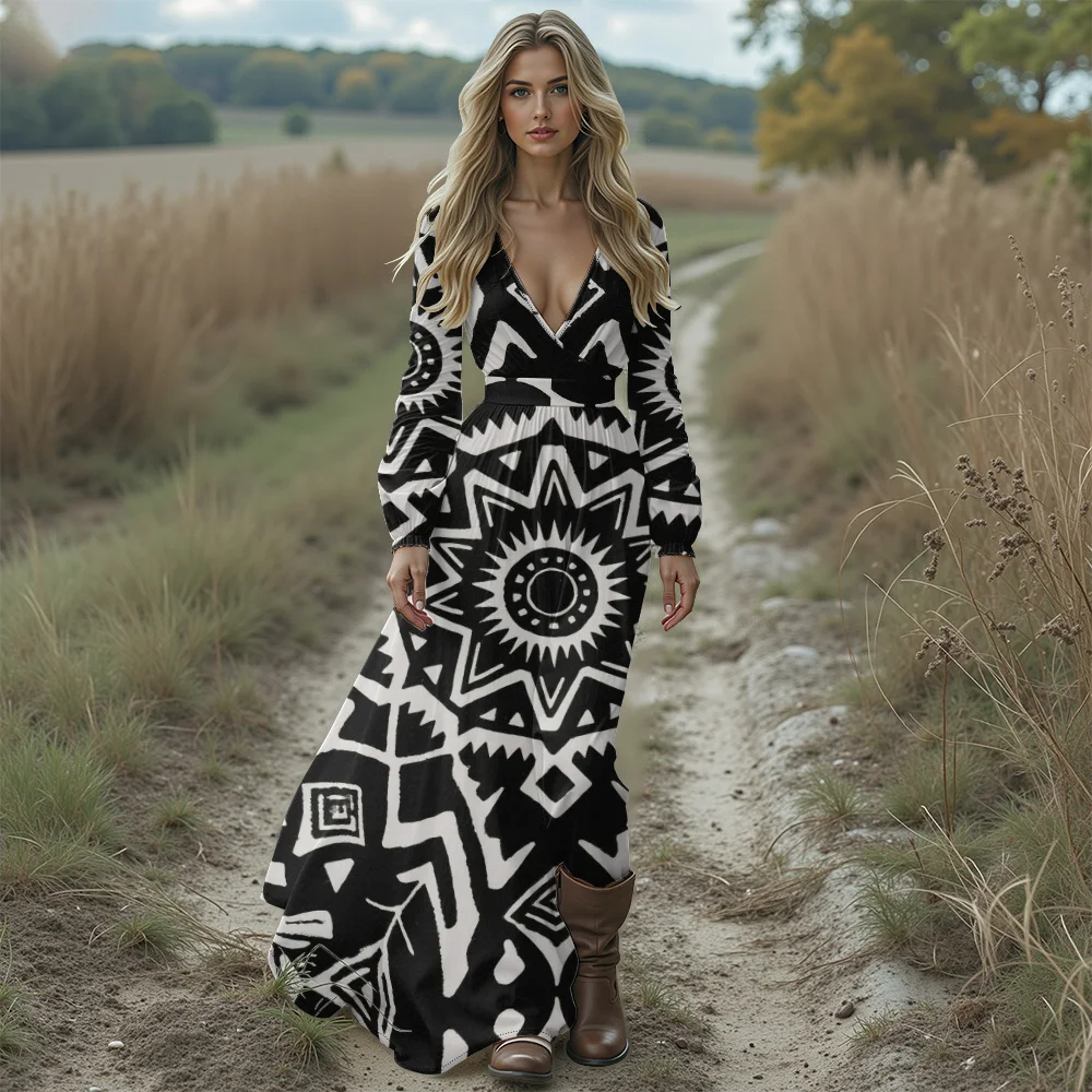 Sukienka maxi w stylu boho z kwiatowym wzorem hibiskusa, damska sukienka długa z głębokim dekoltem w serek, szyfonowa, z bufiastymi rękawami, zwiewna sukienka plażowa dla gościa weselnego.