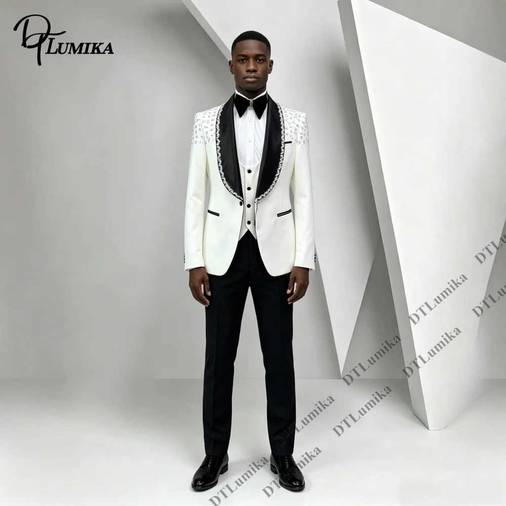 Shawl Lapel Rhinestone Embellished Men 3 Piece Tuxedo Blazer Matching Waistcoat Black Trousers Set Tailored Wedding Groom Suit