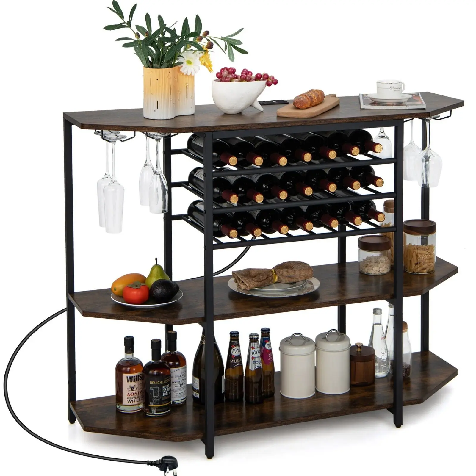 GOFLAME Wine Bar Cabinet 3 Tier Industrial Wine Rack with Storage Shelves Glass Holder