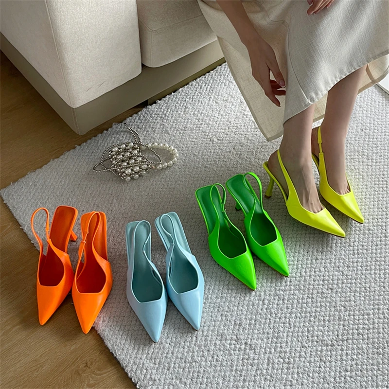 Eilyken 大きいサイズ 43 蛍光色の女性パンプスミュールシューズエレガントなスリングバックポインテッドトゥストリッパーウエディングサンダル