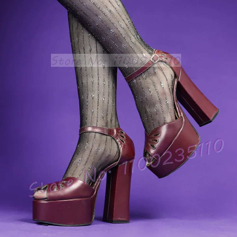 

Wine Red Hollow Upper Platform Sandals Women Fashion High Chunky Heel Shoes Women Party Fretwork Peep Toe Ankle Strap Shoes