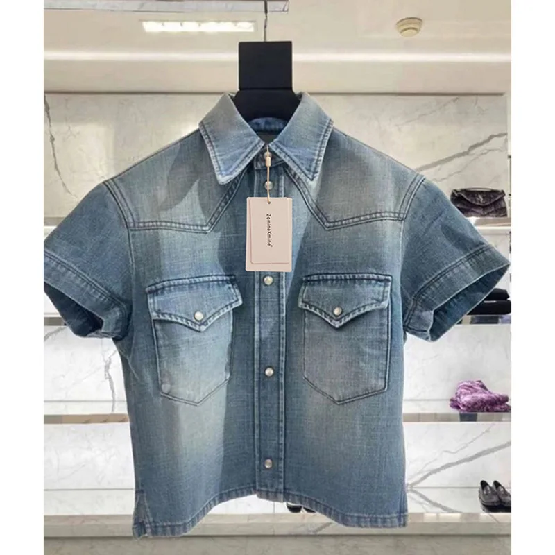 

Niche 2023 spring and summer new washing to do old denim shirt half sleeve single breasted short-sleeved shirt 100 top female