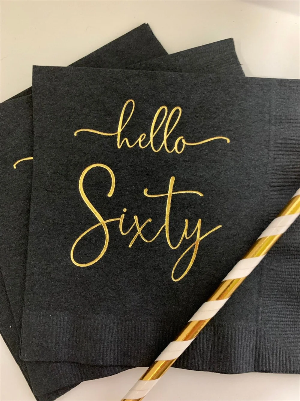 50PCS Hello Sixty Black w/Metallic Gold Foil Cocktail Beverage Napkins 3 Ply Happy Birthday 60th Hello 60 Metallic Gold Foil - Q