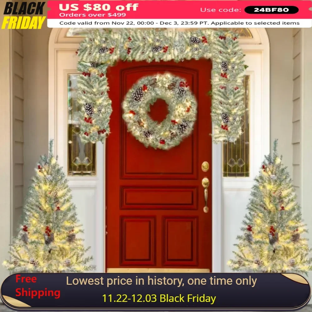 Pre-lit Christmas Tree 4-Piece Set, Garland, Wreath and 2-Piece Entryway Tree with LED Lights，Christmas Holiday Decorations