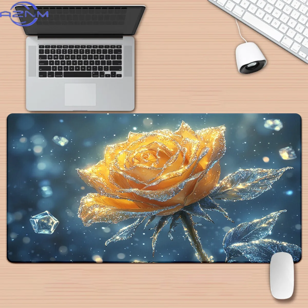 One XXL Rose-Patterned Gaming Mouse Pad And Desk Mat Featuring a High-Definition Printed Glowing Crystal Base, Shimmering Lights