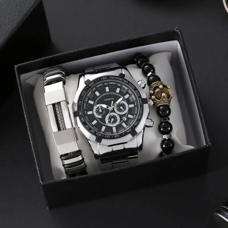 New men's waterproof watch steel band three eyes luminous bracelet set calendar sports quartz watch men's wristwatch