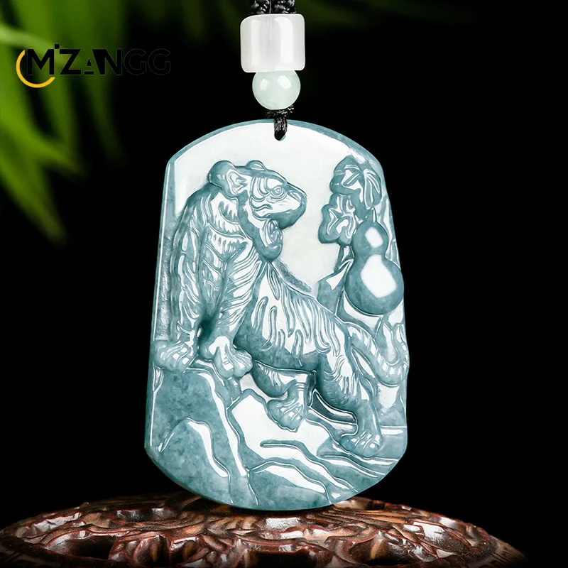 Natural A-goods Jadeite Blue Water Zodiac Tiger Pendant Hand-carved Exquisite Luxury Ice Jade Necklace Men & Women Holiday Gift