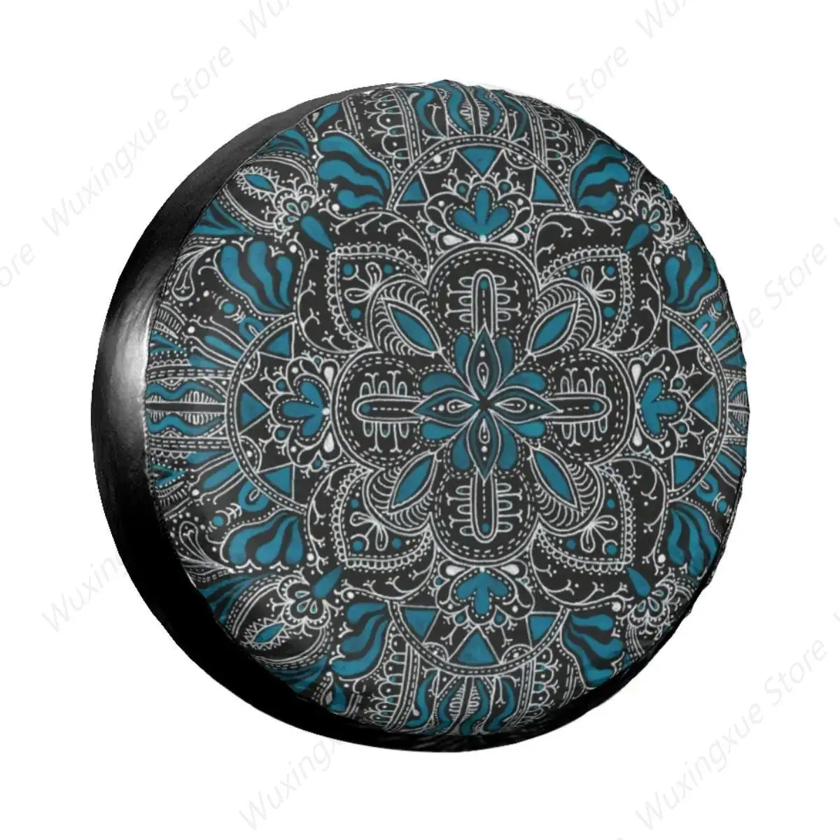 Black White Turquoise Mandala Pattern Spare Tire Cover Bag Pouch for Jeep Hummer Boho Floral Waterproof Car Wheel Covers