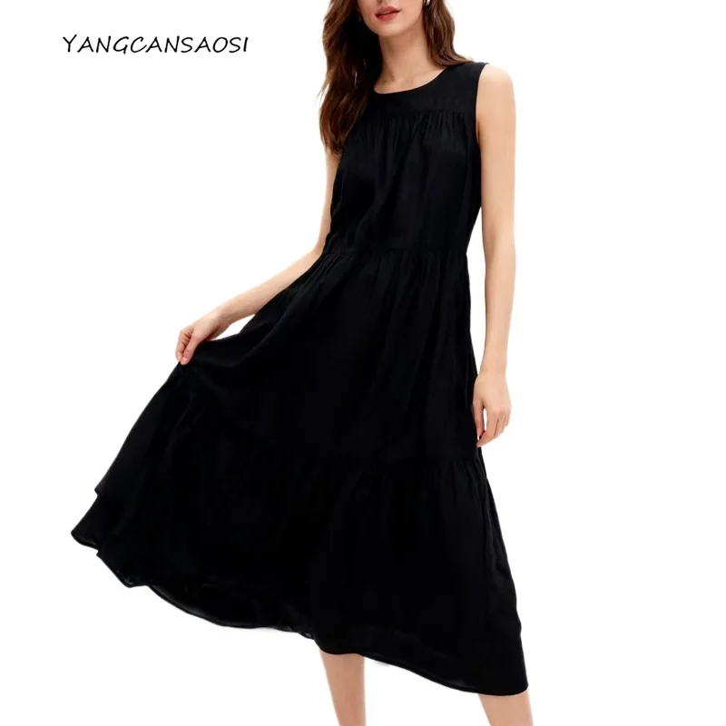 

Women's Summer Casual Clothing Breathable 100% Natural Mulberry Silk Bubble Crepe Texture Round Neck Black Tank Top Dress