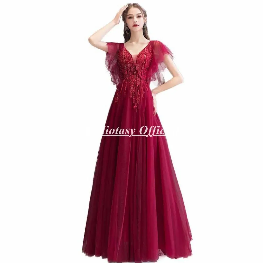 

Customized Young Mother Of The Bride Dresses Burgundy Vneck Puffy Sleeves Fashion Formal Mother Wedding Dress AFS005