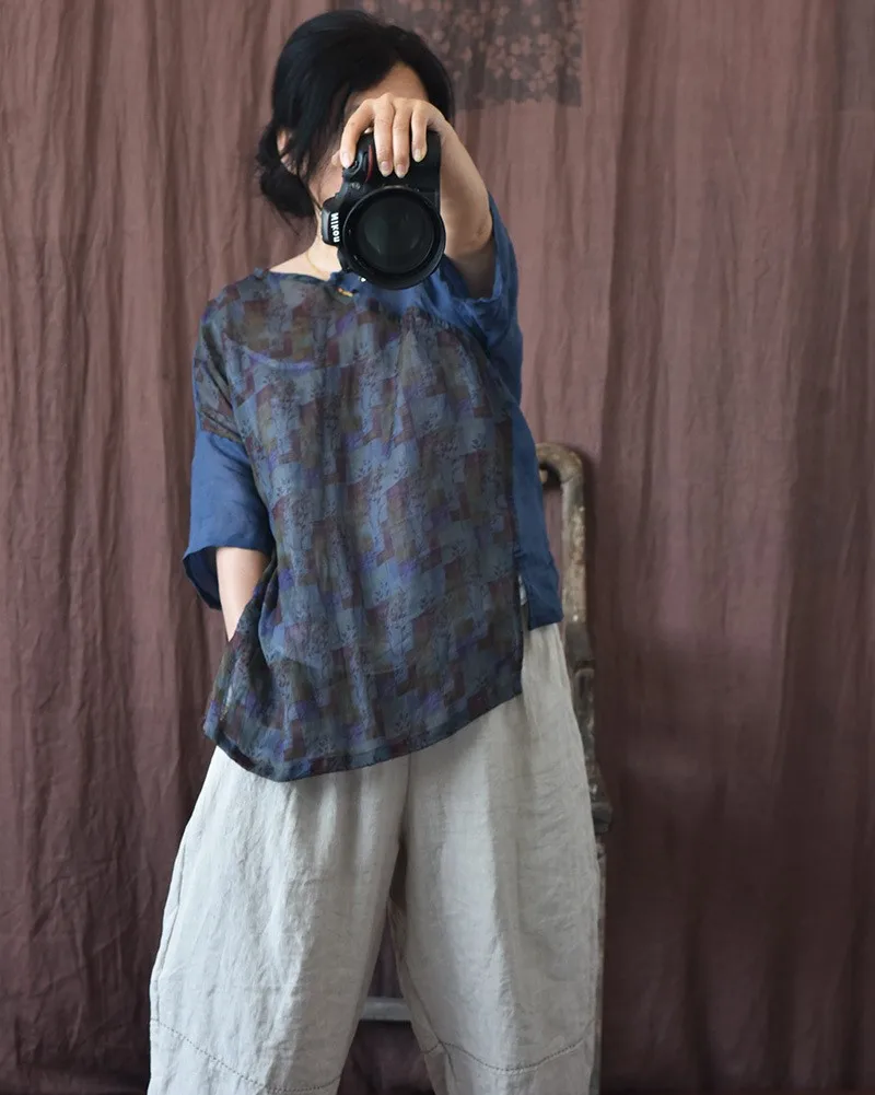 

Женская хлопково-конопляная рубашка Kexin в китайском ретро-стиле с принтом, оригинальная, на пуговицах, художественная