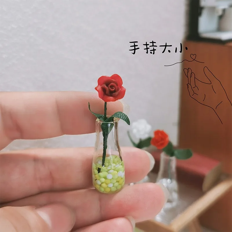 Miniature Lily and Rose Flower Arrangement Pottery Glass Bottle 1:12 Ob11 Baby House Decoration