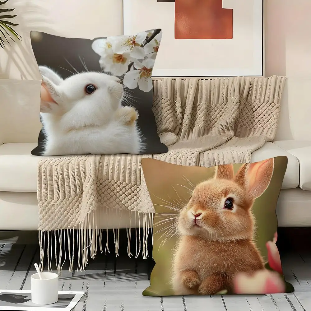 Cute Fluffy Baby Rabbit Cushion Cover Natural Linen Organic Fabric Double-Sided Printing Sofa Home Decor Gift Pillow Cover