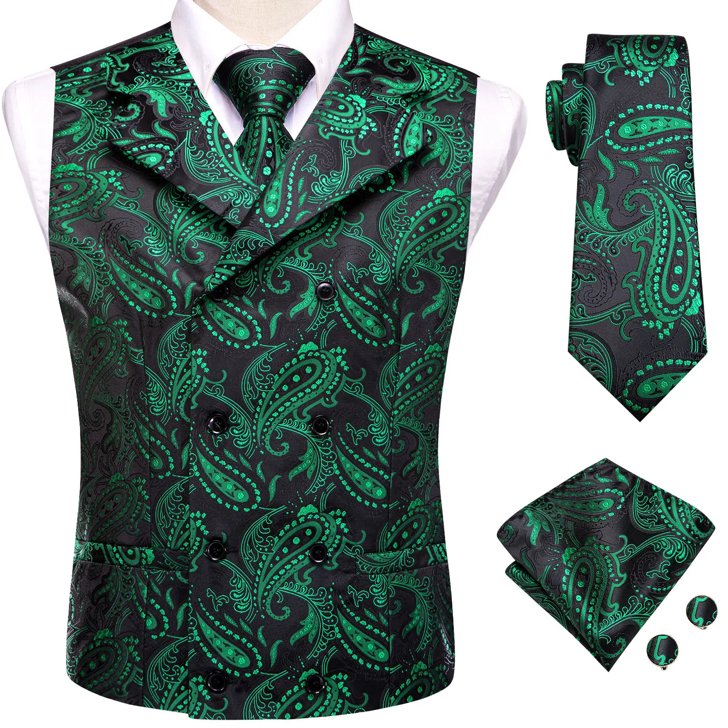 

Green Black Men Silk Vest Novelty Paisley Jacquard Waistcoat Jacket NeckTie Handkerchief Cufflinks for Men Business Party Hi-Tie