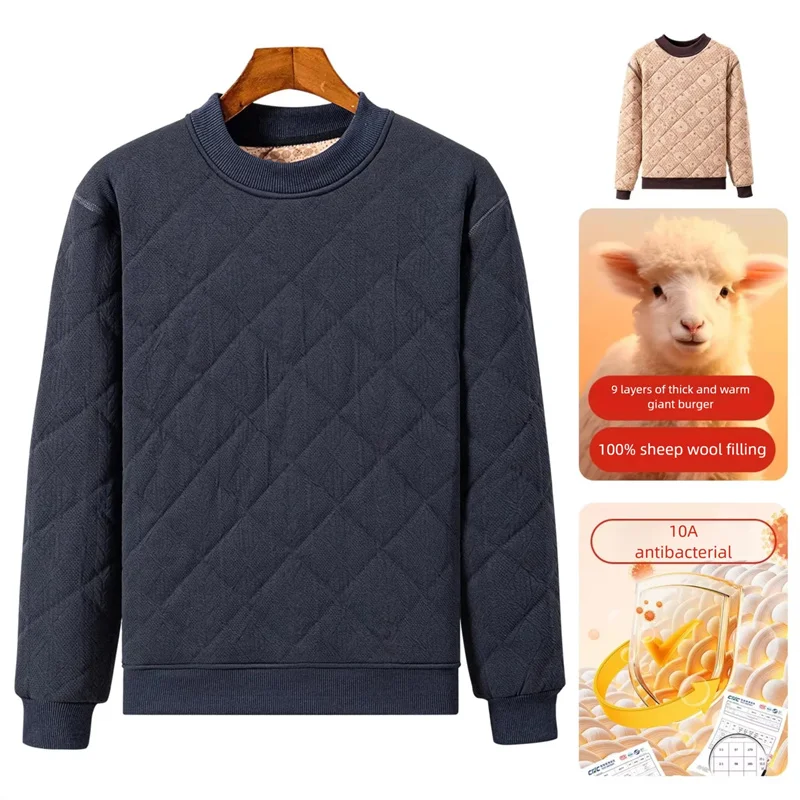 New Winter Men's 100% Wool T-shirt Solid O-Neck Long Sleeve Super Thick Basic Pullover Shirt Casual Warm Underwear T-shirt 105KG
