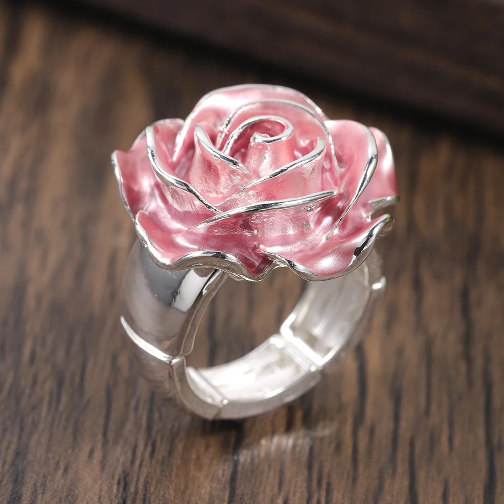 Fashion Drip Oil Flower Rings for Women Accessories Trendy Elastic Adjustable Wide Silver Color Ring Party Prom Jewelry Gift