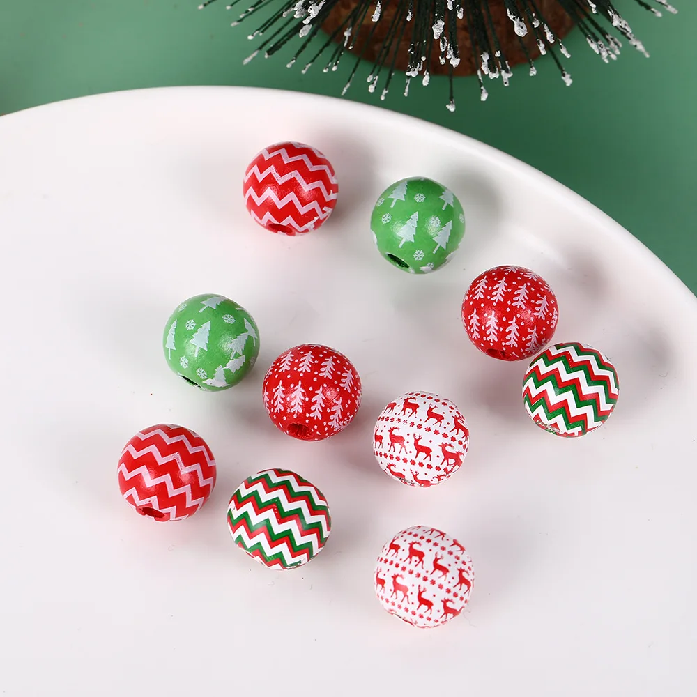 500pc Christmas Print Wooden Beads Colorful Loose Beads Elk Christmas Tree Wave Pattern Bead DIY Christmas Accessories Wholesale