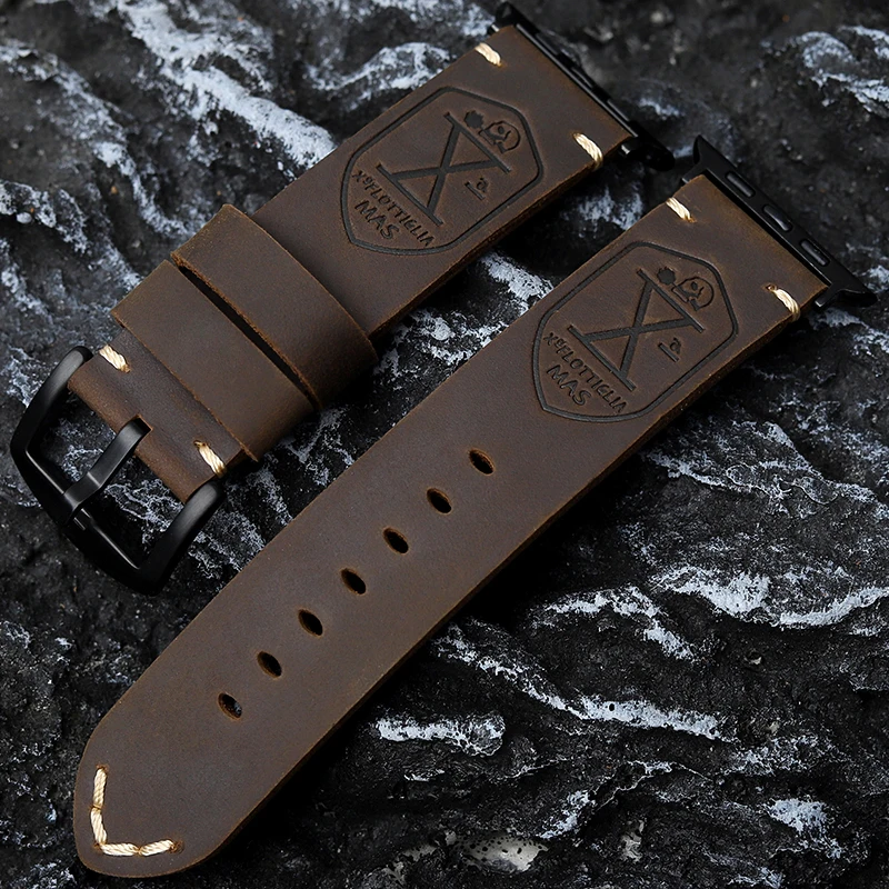 Handmade Top Layer Cowhide Strap Retro Style For iWatch Apple Watch Ultra 2 49MM 45MM 44MM 42MM Men Thickened Watch Chain Brown