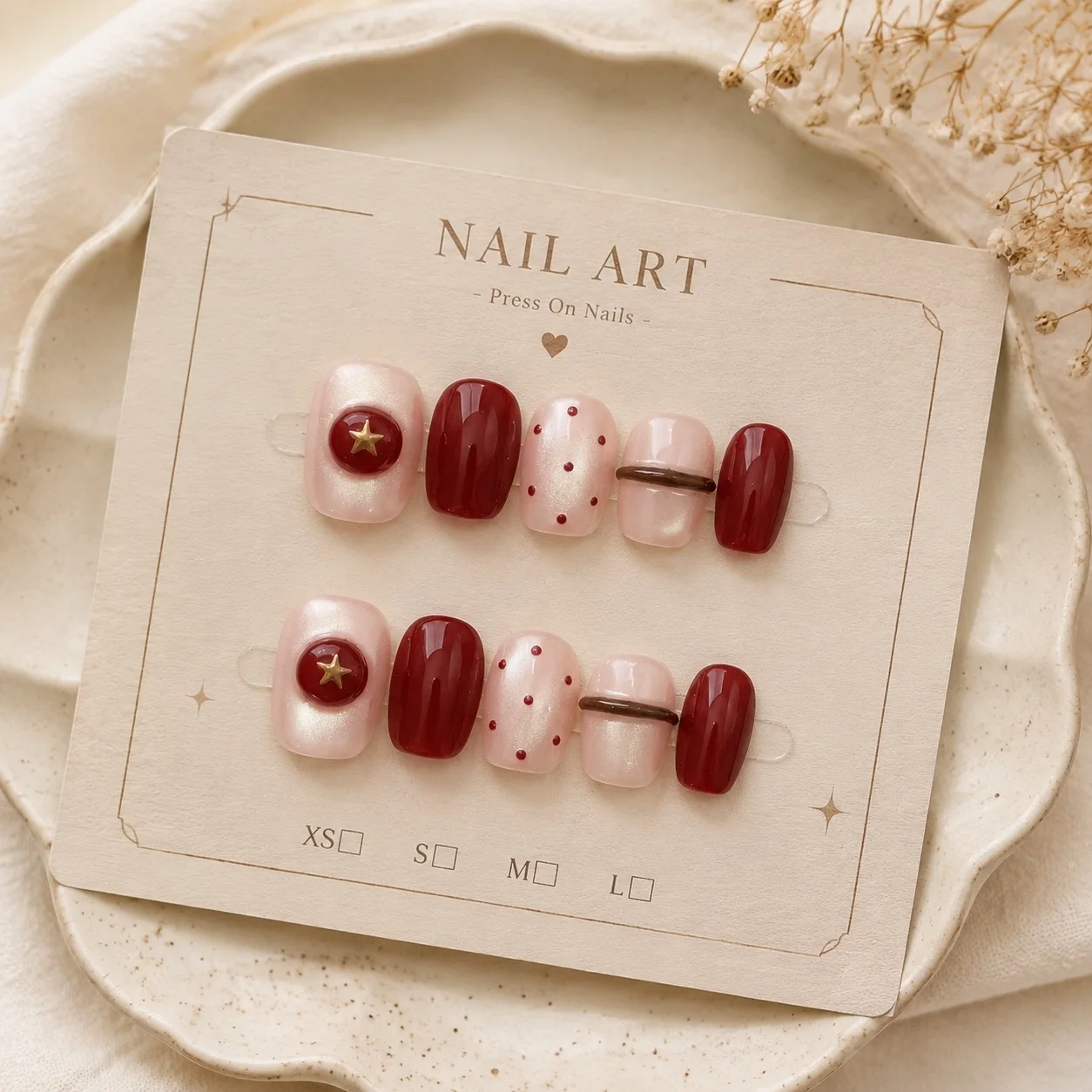 

10pcs Nude Pearl Cat Eye Wine Handmade Nails Red Gold Star Polka Dot Minimal Glossy Fake Nail Short Square False Nail Art