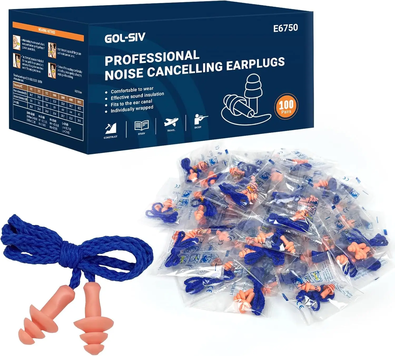 

100 Pairs Silicone Corded Ear Plugs SNR 32dB - Reusable Noise Reduction Earplugs with String, Individually Wrapped for Work &