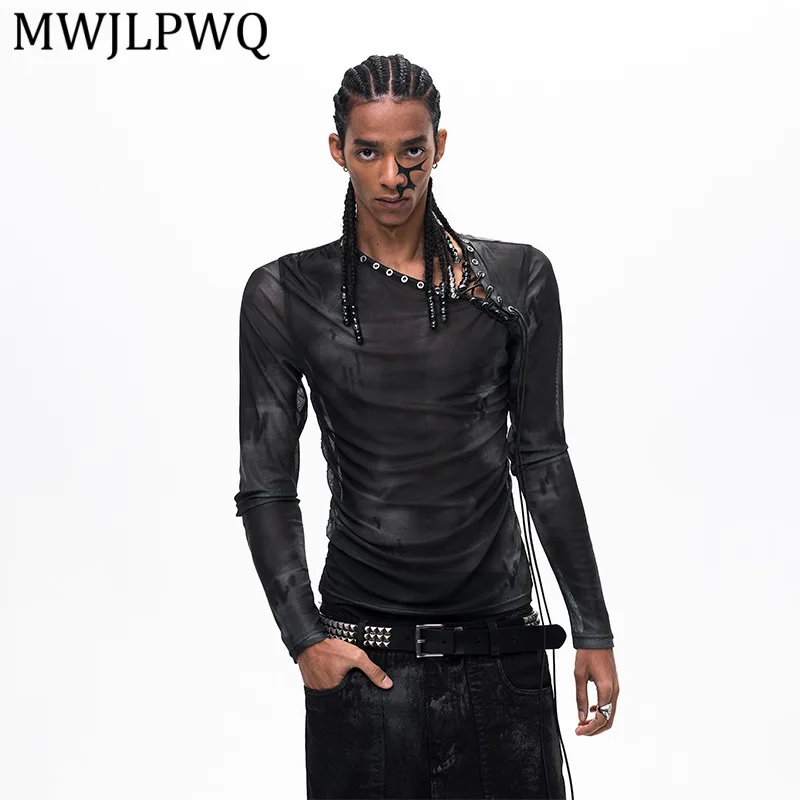 

MWJLPWQ Subculture Transparent Mesh T-Shirt Men's Streetwear Long Sleeve Neck Tie Slim Fit Base Unisex Casual Tops Summer 15708