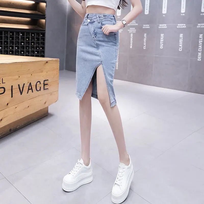 Female Jeans Skirts with Slit Women's Denim Skirt Midi Patchwork Clothing Trend 2024 Korean Fashion Summer Style Aesthetic Sales