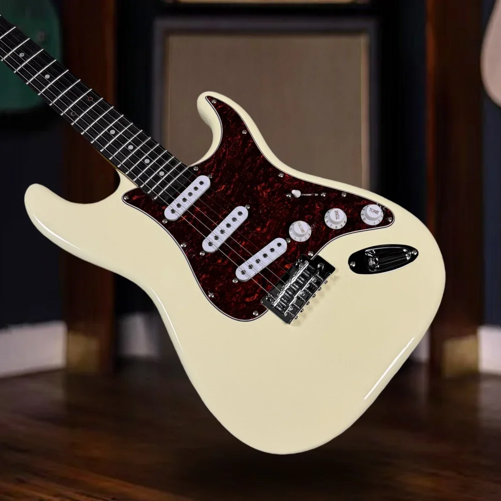 

Free Shiping 6 Strings ST Guitar High Quality Guitar Cream Color Electric Guitar SSS Pickups Red Guards Chrome Metal 22 Tone