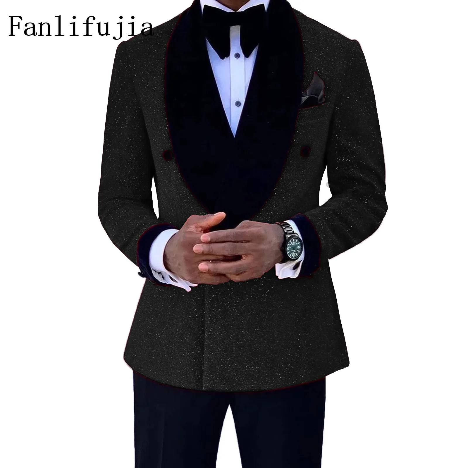 Fanlifujia Luxe Rode Glitter Pakken Mannen Bruidegom Bruiloft Smoking Double Breasted Blazer Formele Avond Feest Prom Dress 2 Stuks Set