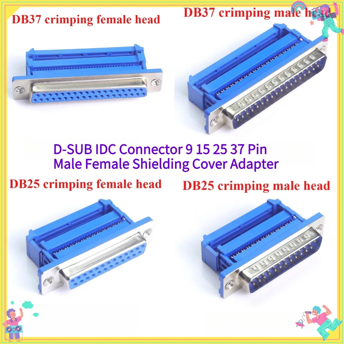 D-SUB IDC Connector 9 15 25 37 Pin Male Female Shielding Cover Adapter for Flat Cable DB9 DB15 DB25 DB37 9P 15P 25P 37P
