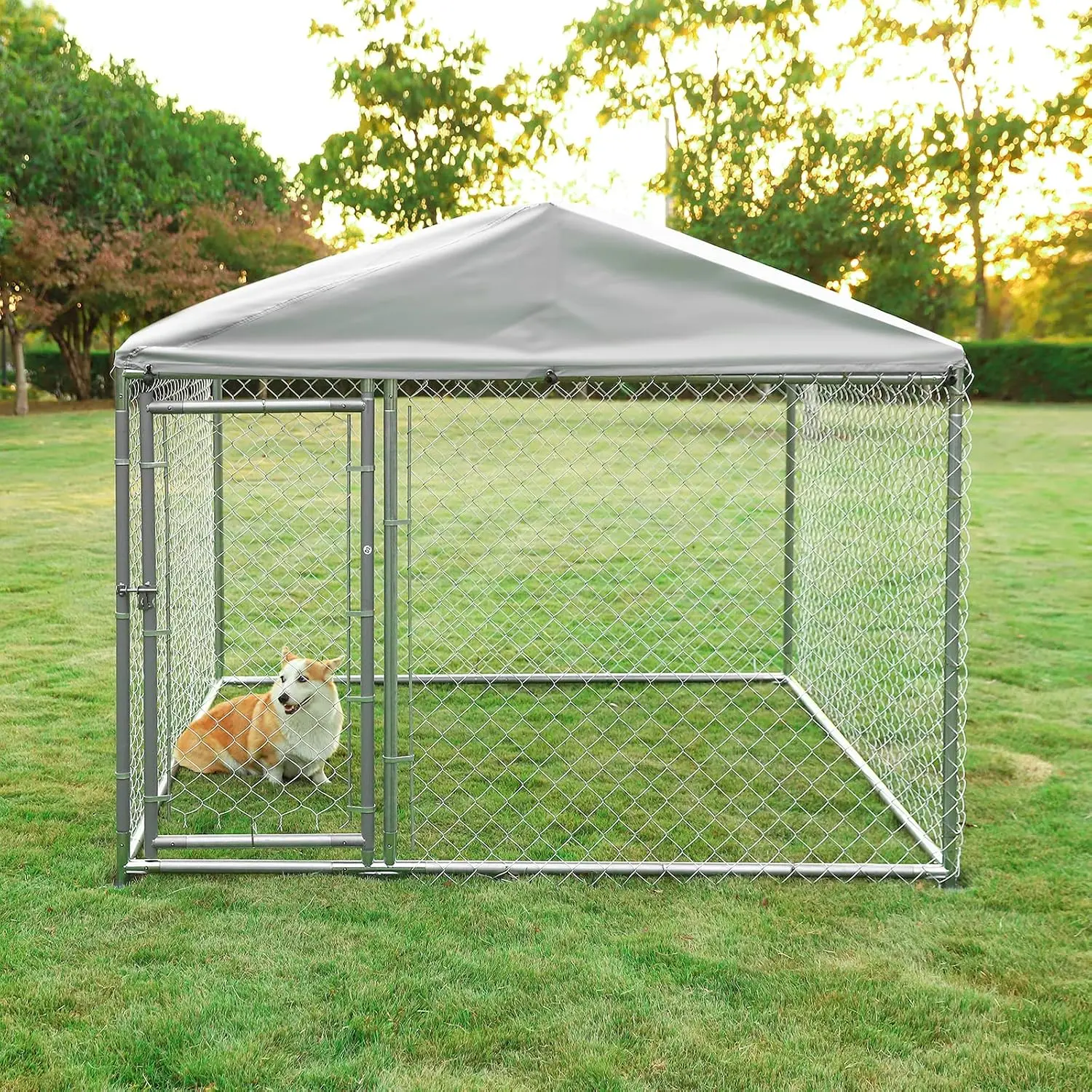 Large Outdoor Dog Kennel Heavy Duty Pet Fence Galvanized Chain Link Dog Run Enclosure UV Oxford Roof Secure Lock, Customized
