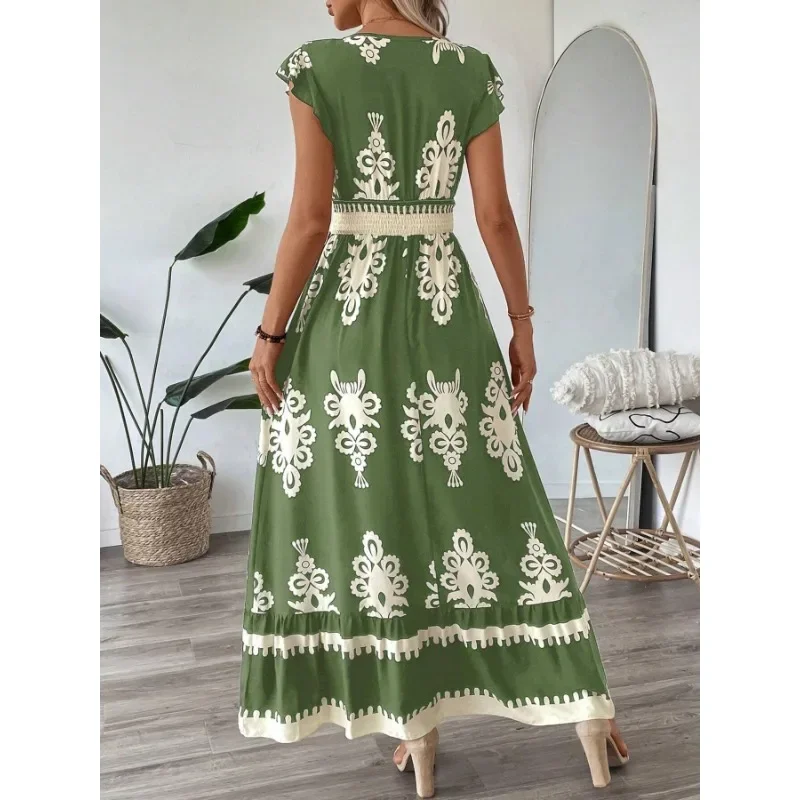 Modisches Damen-Partykleid mit V-Ausschnitt und Taille, lässig, bedruckt, bequem, kurzärmelig, langes Kleid