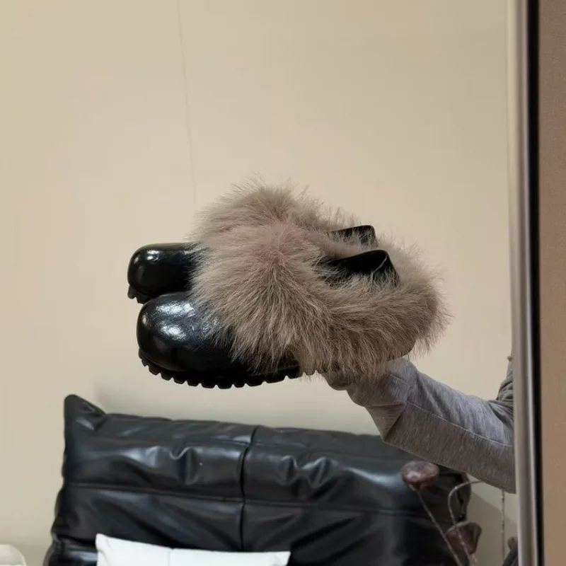 

Winter Gingham Upper Long Real Rabbit Fur Plush Women Slippers Nature Warm Furry Shoes Square Toe Flat Heel Hair Slides New 40