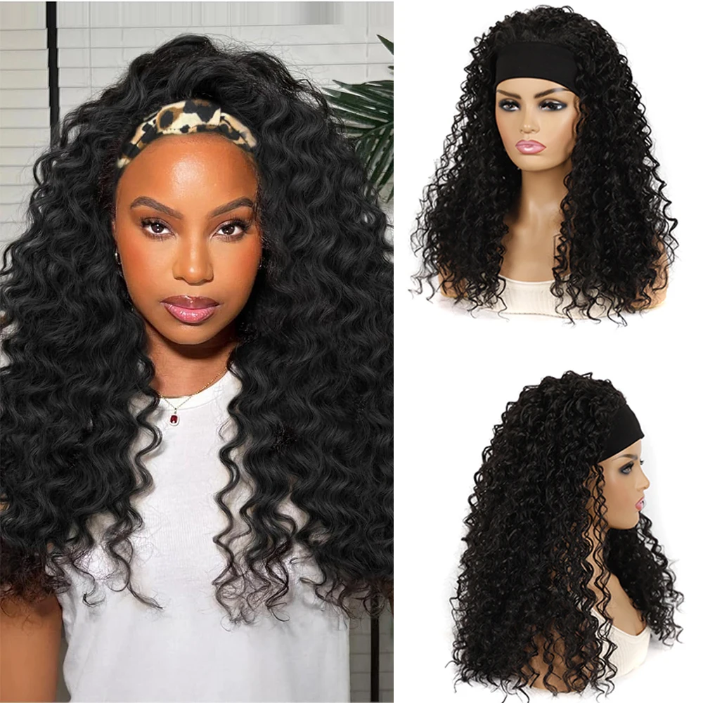 Loose Deep Wave Headband Wigs for Black Women Nautral Black Curly Wavy Wig with Headband Attched Synthetic Curly Headband Wigs