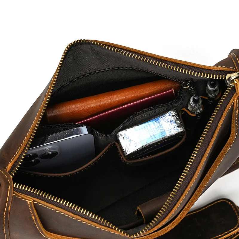 Spring Summer Commute Messenger Bag, Crazy Horse Texture Cowhide Leather Men Outdoor Casual Shoulder Crossbody Bag view 4