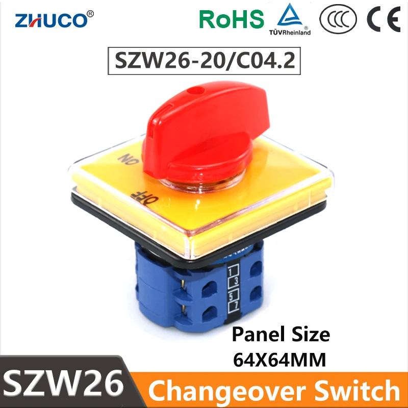 ZHUCO SZW26/LW26-20 C04.2 20A 660V OFF ON 2 Position 8 Screws 64X64 mm Panel Manual Transfer Universal Changeover Cam Switch