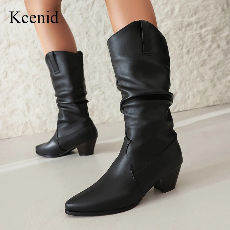 Kcenid 2024 Fashion Pleated Autumn Winter Slip On Pointed Toe Ankle Boots For Women Concise Ladies Square Heels Modern Boots